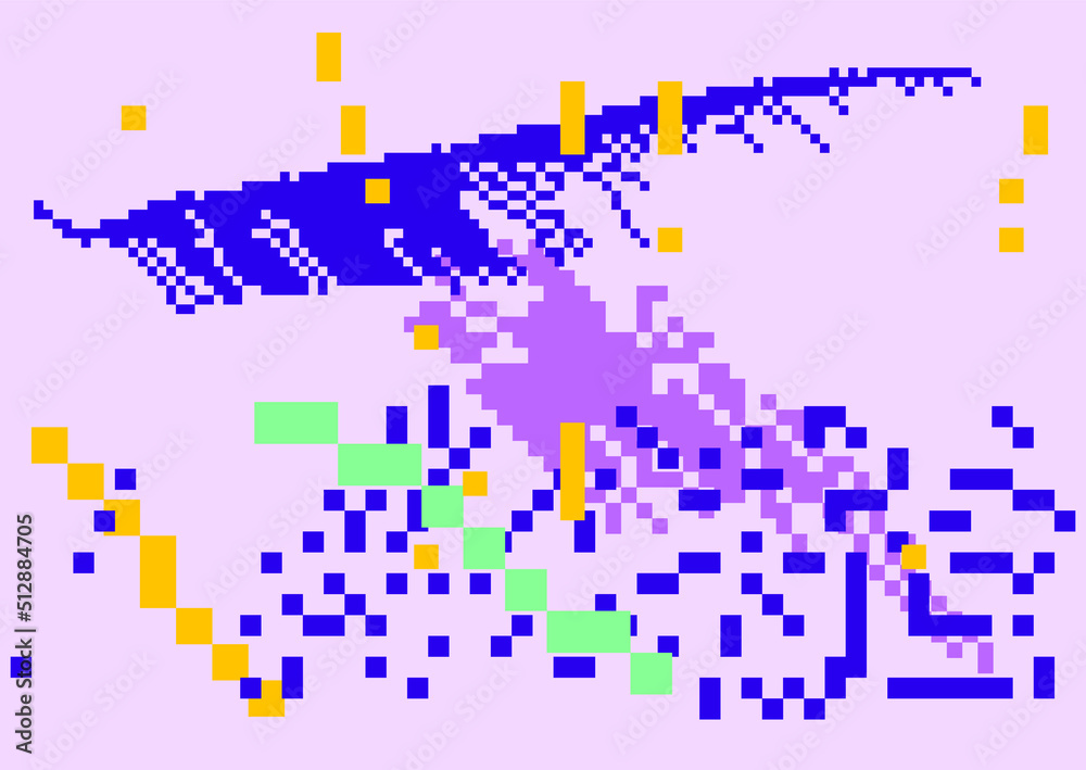 Poster pixel art illustration of a glitchy computer screen. abstract geometric retro background.