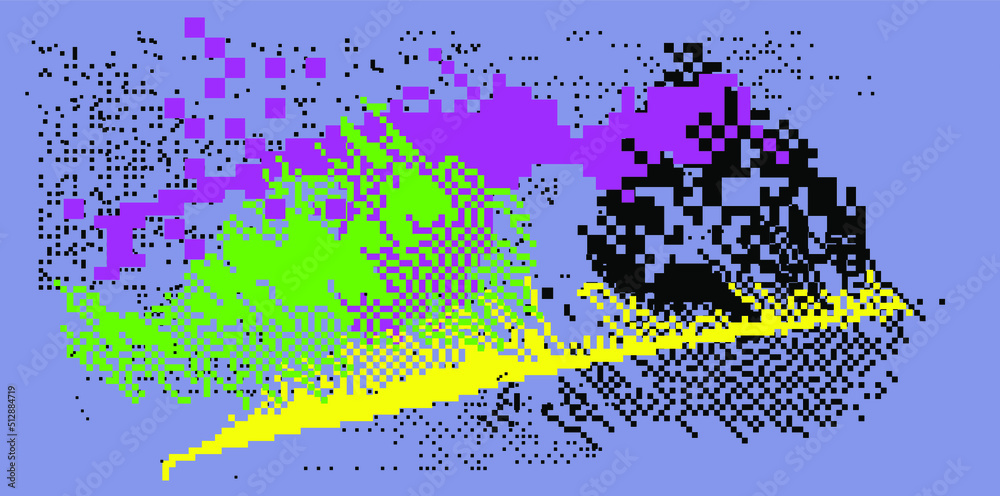 Poster trendy vaporwave background with pixel art chaotic composition. concept of a glitchy computer screen