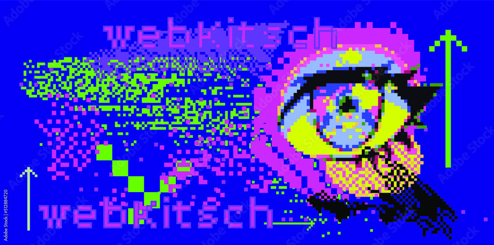 Poster pixel art illustration of a glitchy computer screen. abstract geometric retro background.