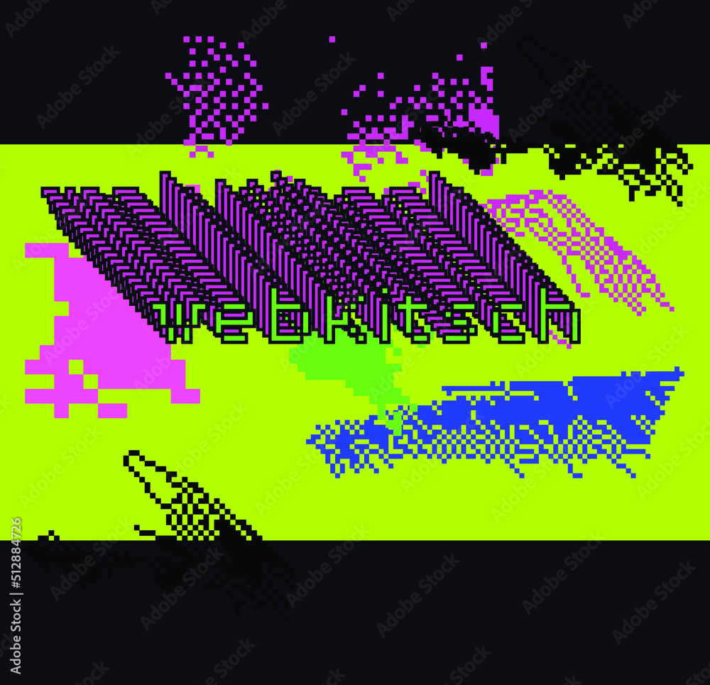 Poster pixel art illustration of a glitchy computer screen. abstract geometric retro background.