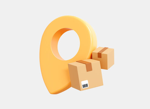 3D Location mark and Cardboard box. Logistics and distribution concept. Fast delivery at home. Order or parcel tracking. Pin marker. Cartoon creative design isolated on white background. 3D Rendering
