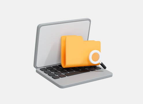 3D Laptop and folder with magnifier. Data management concept. File and document on computer. Digital project plan information. Cartoon creative design icon isolated on white background. 3D Rendering