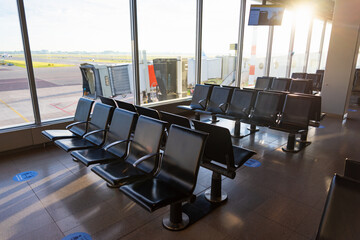 Empty airport departure lounge during pandemic. Amsterdam, Airport Schiphol, Netherlands