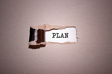 The text Plan appearing behind torn brown paper.