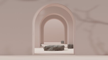 3d realistic pedestal beige arch and rock podium, abstract minimal concept, blank space, clean design, vector luxury minimalist mockup