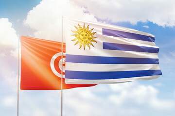 Sunny blue sky and flags of uruguay and tunisia