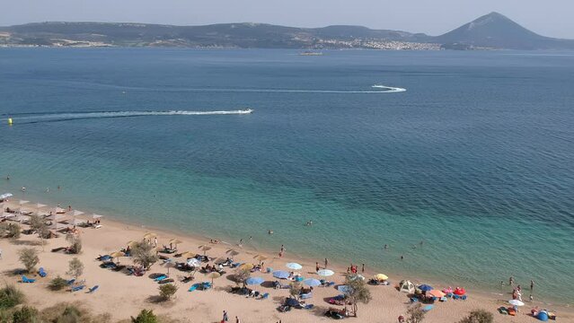 Panoramic aerial view over Divari beach near Navarino bay, Gialova. It is one of the best beaches in mediterranean Europe. Beautiful lagoon near Voidokilia from a high point of view, Messinia, Greece