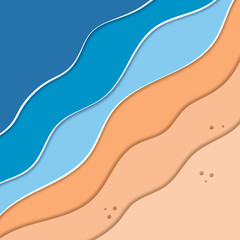 Sea and beach. Summer concept. Abstract background in paper cut style, imitation 3d effect. View from above. Vector illustration.