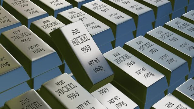 A lot of 999.9 1kg nickel bars stacked together to create a sea of bullion to illustrate the financial concept of wealth and reserve, and the recent increase of nickel price.