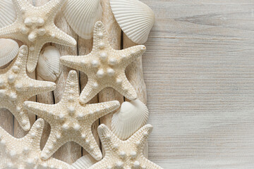 Fototapeta na wymiar Starfish and sea shells in pastel beige colors. Summer wallpaper in a marine style. Nautical beige starfish on white driftwood sticks close-up.Texture of starfish and driftwood sticks.nautical decor.