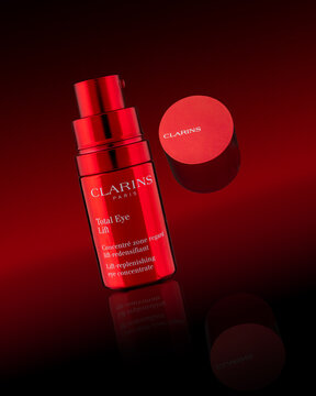 June 21, 2022: Sao Paulo, Brazil: Clarins Total Eye Lift. Famous cosmetic with red package.