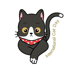 Cute black and white kitten cartoon doodle vector in a international cat day design