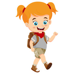 Cartoon girl explorer with backpack walking