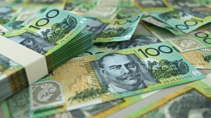 close up of 100 Australian dollar notes spread on table. 3d rendering on money scattered on surface © RODWORKS