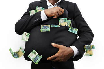 Businessman holding black bag full of 100 Australian dollar notes isolated on white background,...