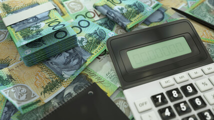 100 Australian dollar notes spread out  with a calculator, pen and notebook. 3d rendering