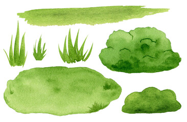 Watercolor cartoon green grass and bushes