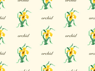 Obraz premium Orchid cartoon character seamless pattern on yellow background. Pixel style
