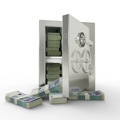 Bundles of 200 Bosnia and Herzegovina convertible mark in Steel safe box. 3D rendering of stacks of money inside metallic vault isolated on white background, Financial protection concept, financial - obrazy, fototapety, plakaty