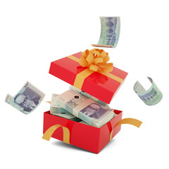 200 Bosnia and Herzegovina convertible mark notes inside an open red gift box. Bosnia and Herzegovina convertible mark inside and flying around a gift box. 3d rendering of money inside box isolate - obrazy, fototapety, plakaty