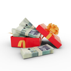 Stack of 200 Bosnia and Herzegovina convertible mark notes inside an open red gift box. Bundles of Bosnia and Herzegovina convertible mark inside a gift box. 3d rendering of money inside box - obrazy, fototapety, plakaty