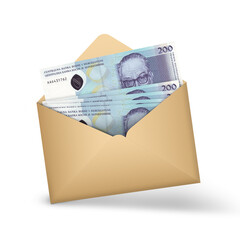 200 Bosnia and Herzegovina convertible mark notes inside an open brown envelope. 3D illustration of money in an open envelope - obrazy, fototapety, plakaty