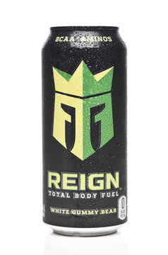 IRVINE, CALIFORNIA - 23 JUN 2022: A can of Reign Total Body Fuel White Gummy Bear