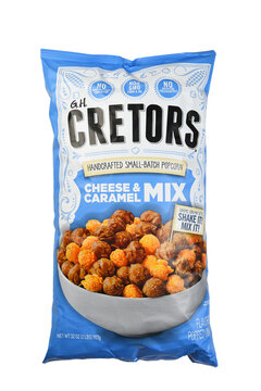 IRVINE, CALIFORNIA - 23 JUN 2022: A bag of G. H. Cretors Cheese and Caramel Mix Popcorn.