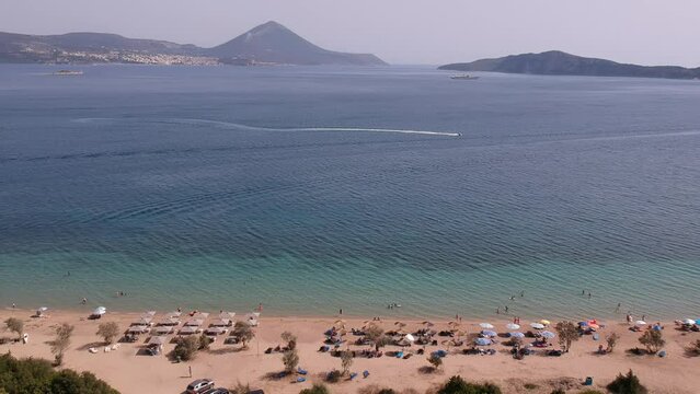 Panoramic aerial view over Divari beach near Navarino bay, Gialova. It is one of the best beaches in mediterranean Europe. Beautiful lagoon near Voidokilia from a high point of view, Messinia, Greece