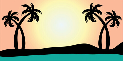 Cartoon flat panoramic landscape, sunset with the palms on colourful background. Vector illustration..eps