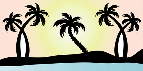 Cartoon flat panoramic landscape, sunset with the palms on colourful background. Vector illustration.eps