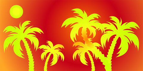 Fototapeta na wymiar Cartoon flat panoramic landscape, sunset with the palms on colourful background..eps