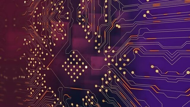 Animation of integrated circuit over purple and violet background