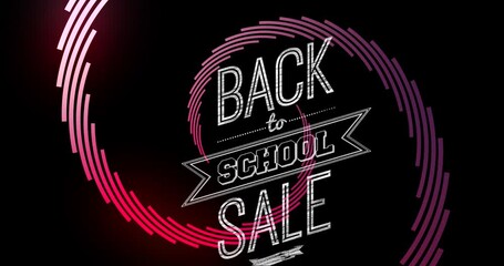 Animation of back to school over pink spiral and black background - Powered by Adobe