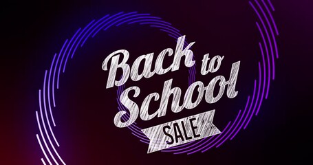 Animation of back to school over violet spiral and black background - Powered by Adobe