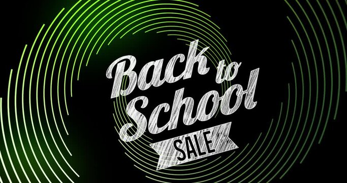 Animation of back to school over green spiral on black background - Powered by Adobe