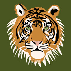 Tiger animal face. Vector cute Bengal, Siberian tiger head portrait. Realistic fur striped beast of tiger. Predator eyes of safari wildcat. Big cat head on beige background