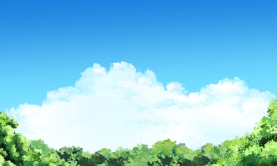 青空に白い入道雲が浮かぶ緑の樹木がある風景02（コピースペースあり）