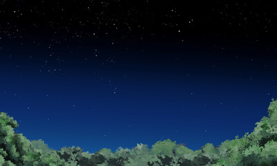 夜空に星が輝く夏休みキャンプの夜の風景（コピースペースあり）