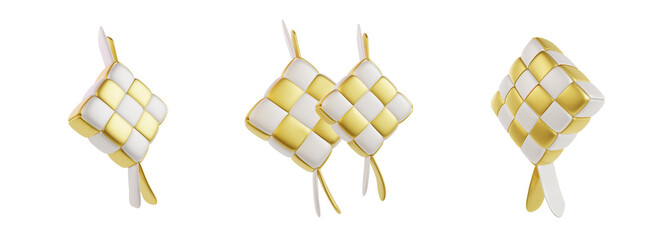 Isolated Traditional Ketupat Rice Dish in White and Gold 3d Render Illustration