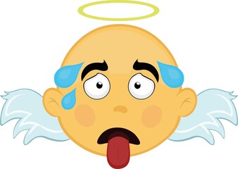 Vector illustration of the face of an exhausted yellow cartoon angel, with his tongue out and drops of sweat on his head