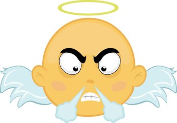 Vector illustration of a cartoon yellow angel face with an angry expression and fuming