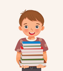 cute little boy student holding stack of books