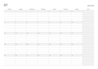 July 2022 simple design digital and printable calendar template illustration. Notes, scheduler, diary, calendar, memo, planner document template background. 