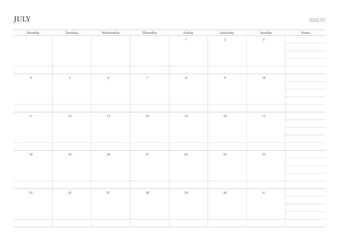 July 2022 simple design digital and printable calendar template illustration. Notes, scheduler, diary, calendar, memo, planner document template background. 