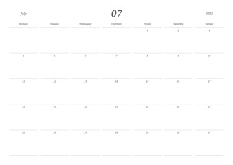 July 2022 simple design digital and printable calendar template illustration. Notes, scheduler, diary, calendar, memo, planner document template background. 