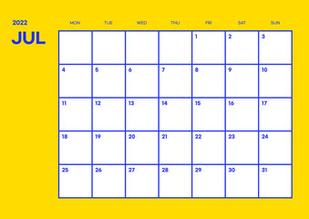 July 2022 simple design digital and printable calendar template illustration. Notes, scheduler, diary, calendar, memo, planner document template background. 