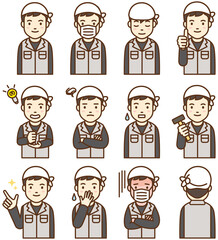 Set of 12 illustrations of Japanese carpenters