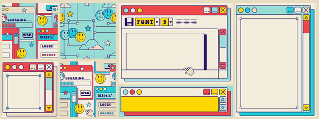 Retro Fun groovy user interface. Frames for slogan, template for square social media post, seamless patterns.Old screen, user interface. Vintage desktop windows and boxes.