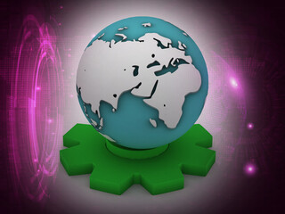 3d illustration globe on the gear with digital background 